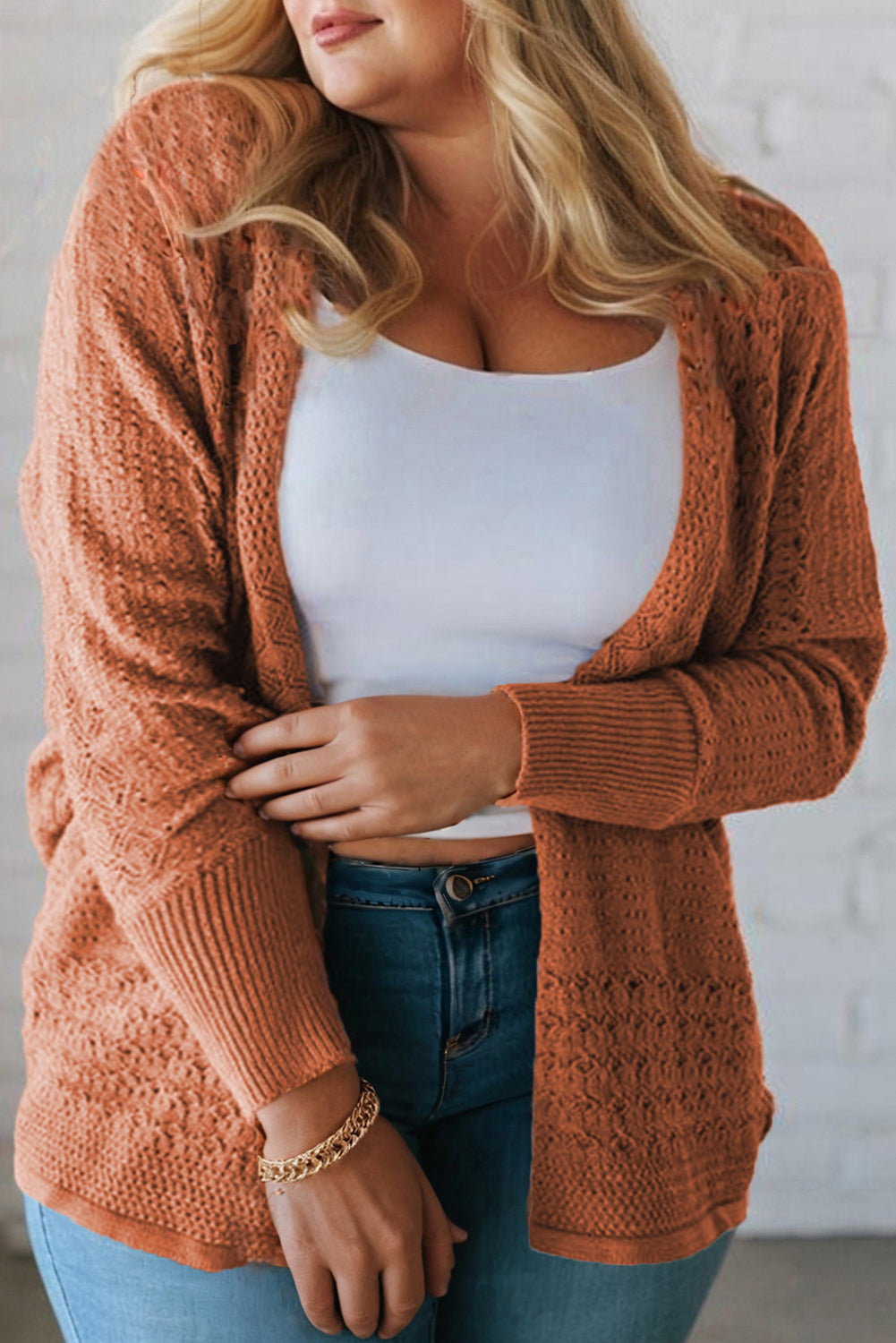 Redwood Burl Mixed Pattern Knitted Open Front Plus Cardigan