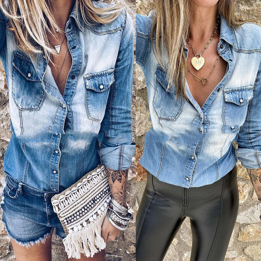 Distressed Long Sleeve Denim Shirt
