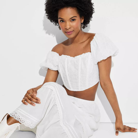 Women'S Puff Cap Sleeve Eyelet Corset Top
