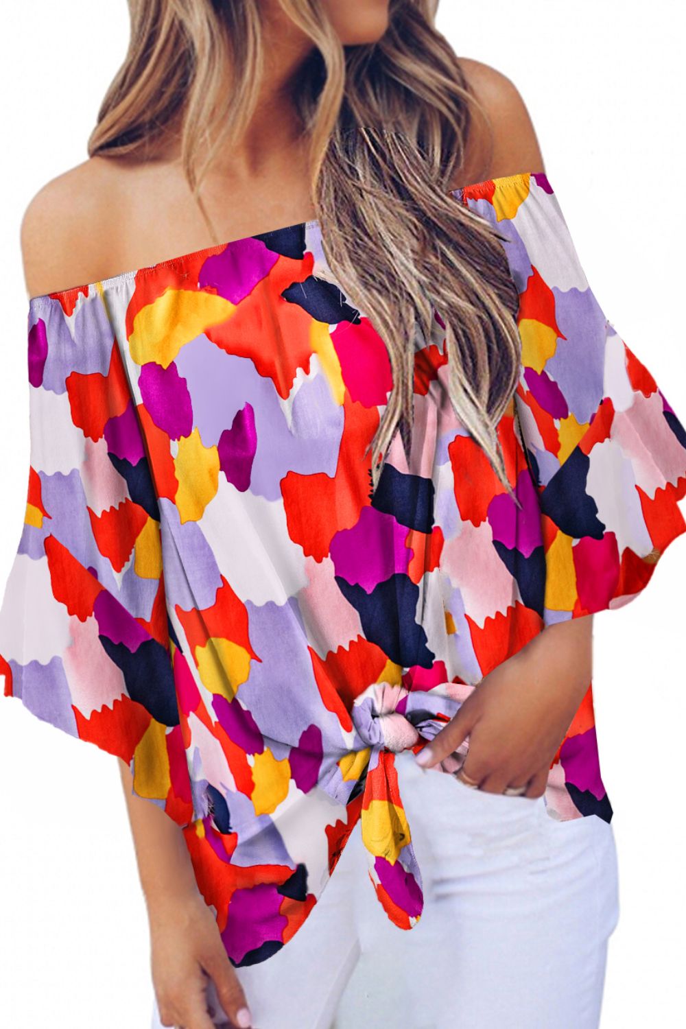 Tied Printed Off-Shoulder Half Sleeve Blouse