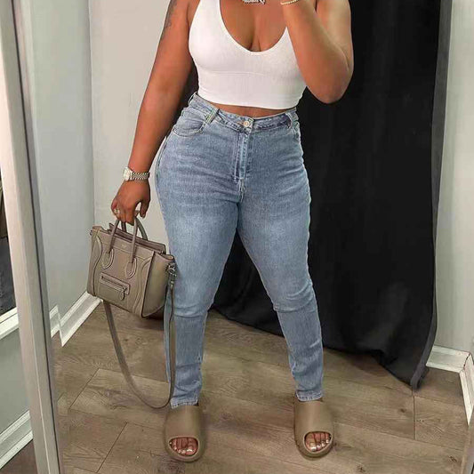 High-Waisted, Washed Denim Stretch Leggings