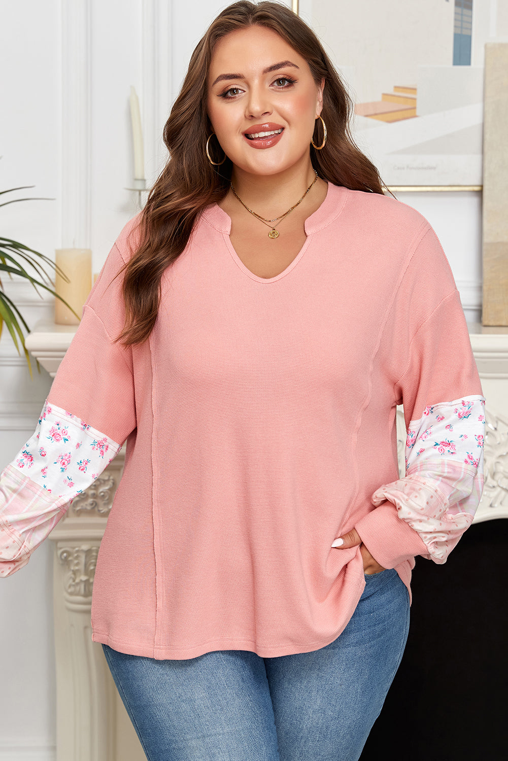 Pink Floral Sleeve Patchwork Waffle Knit Notched V Neck Top