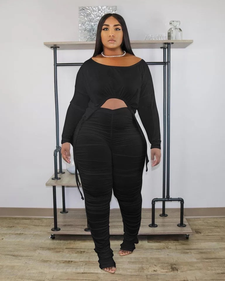 Round Neck Pleated Drawstring Long Sleeve 2-piece Suit