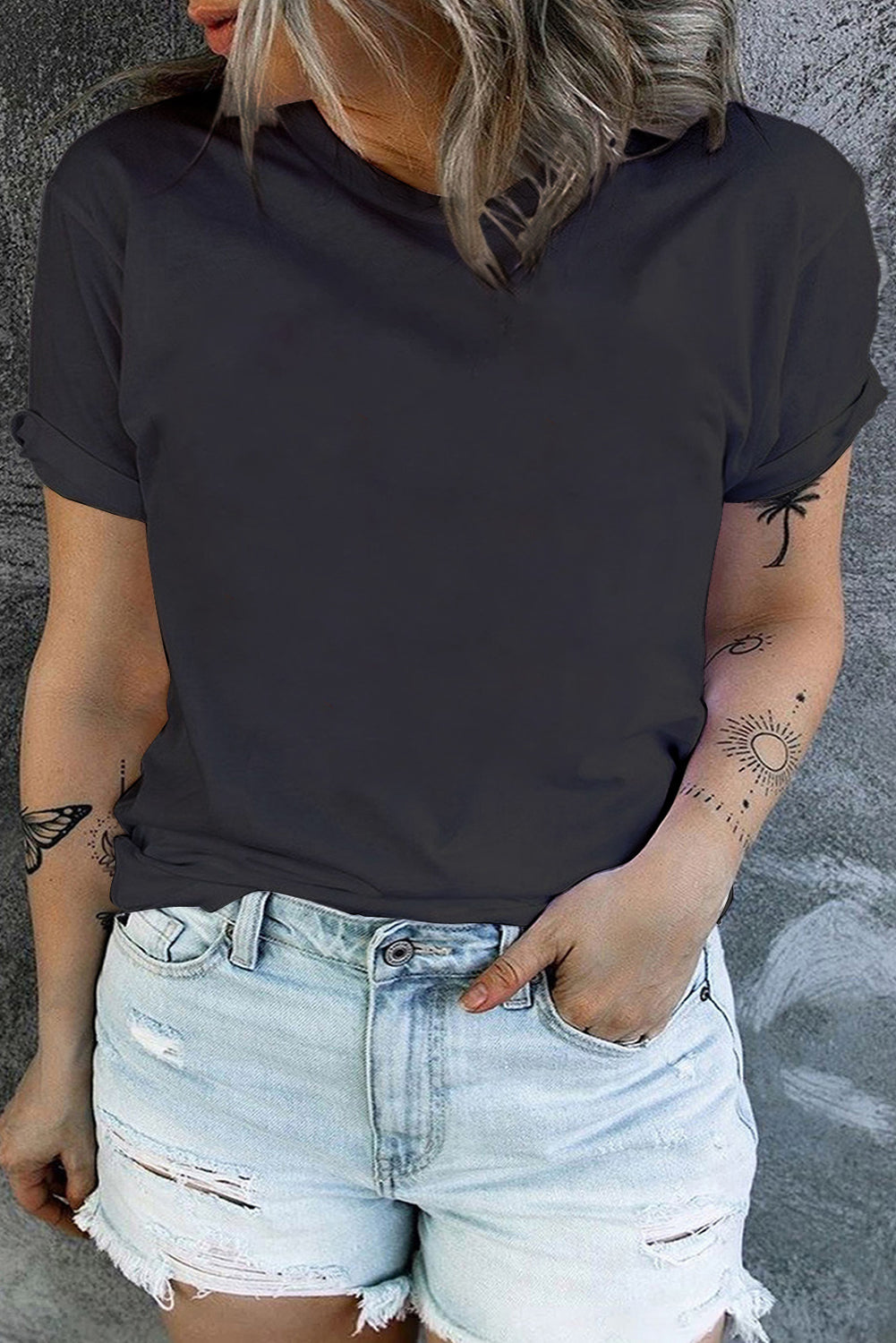 Dark Green Round Neck Rolled Sleeve T-shirt