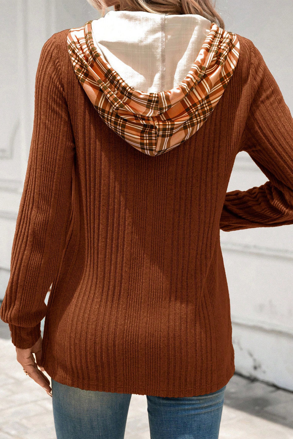 Chestnut Plaid Knit Drawstring Hooded Top