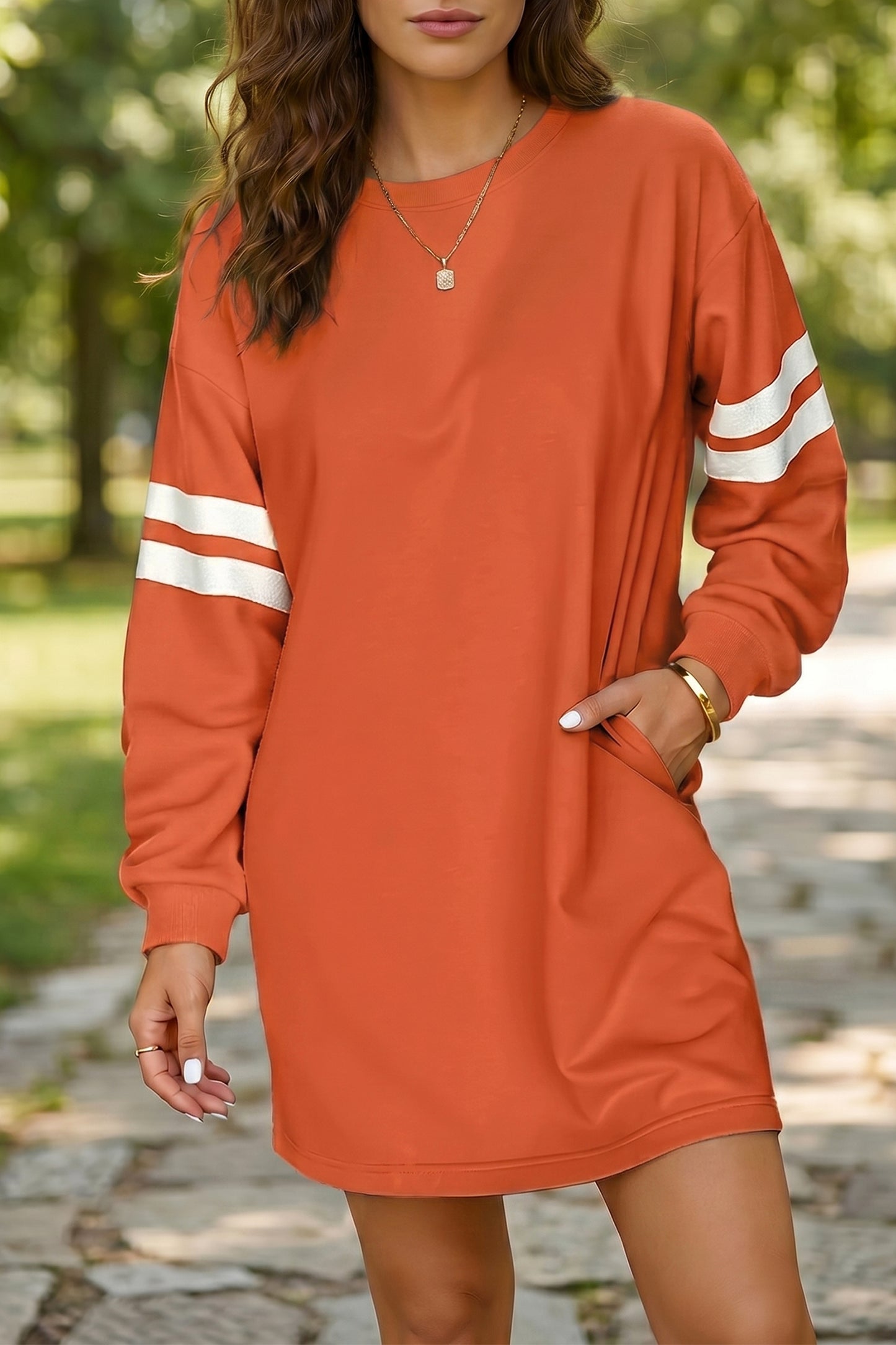 Tillandsia Purple Varsity Contrast Banded Sleeve Shift Sweatshirt Dress