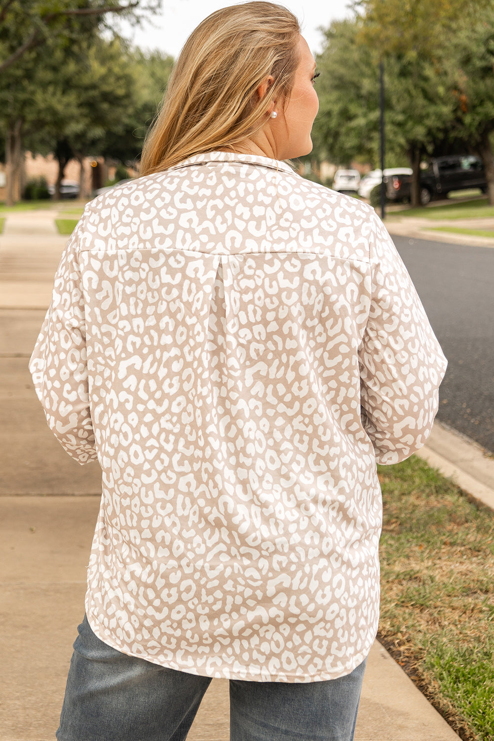 Apricot Leopard Tab Sleeve V Neck Top