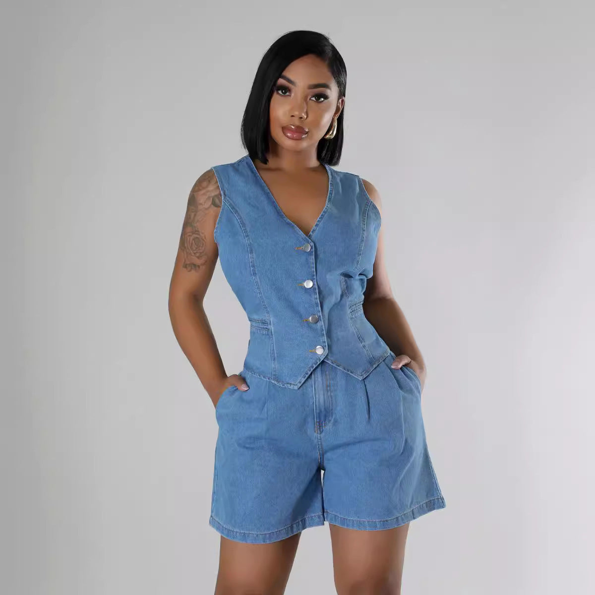 High-Waist Denim Shorts Suit
