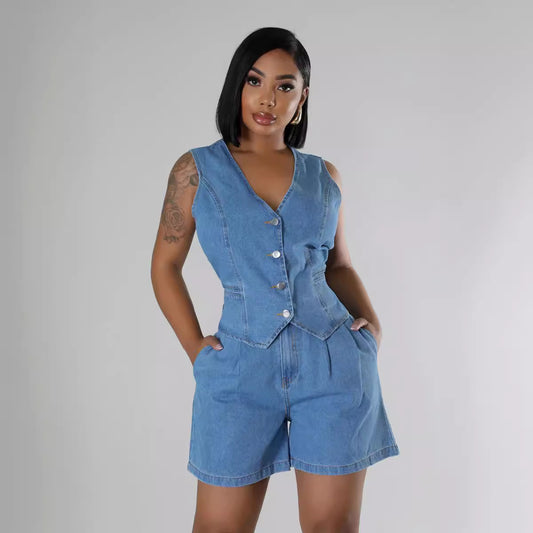 High-Waist Denim Shorts Suit
