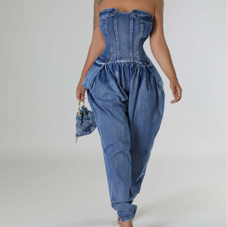 Tube Top High Elastic Fashion Denim Jumpsuit