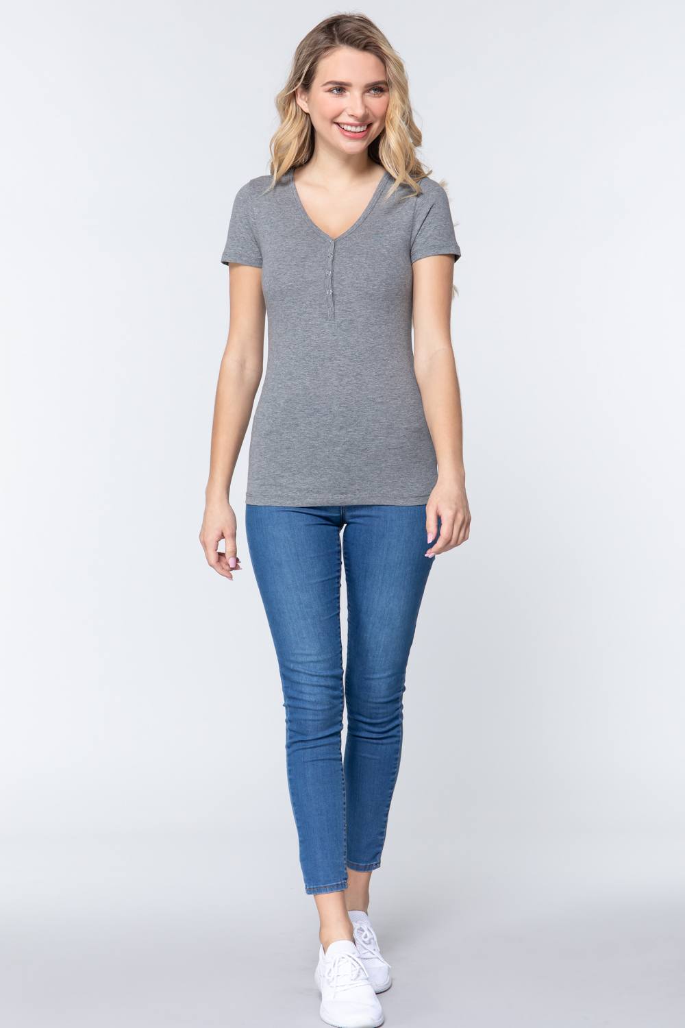 Short Slv V-neck Henley Knit Top