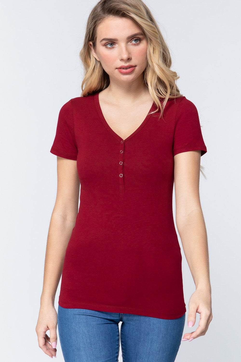 Short Slv V-neck Henley Knit Top