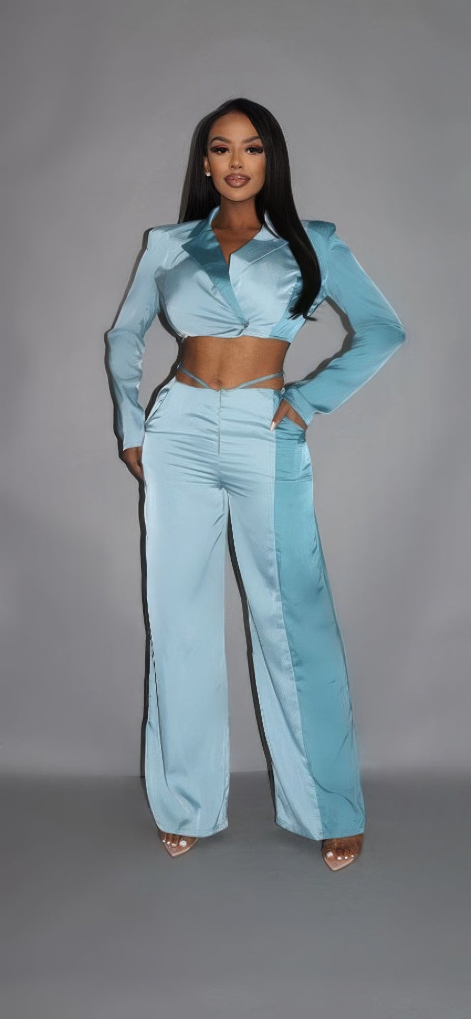 Colorblock Crop Blazer With Matching Low Rise Wide Leg Pant Set With Pockets