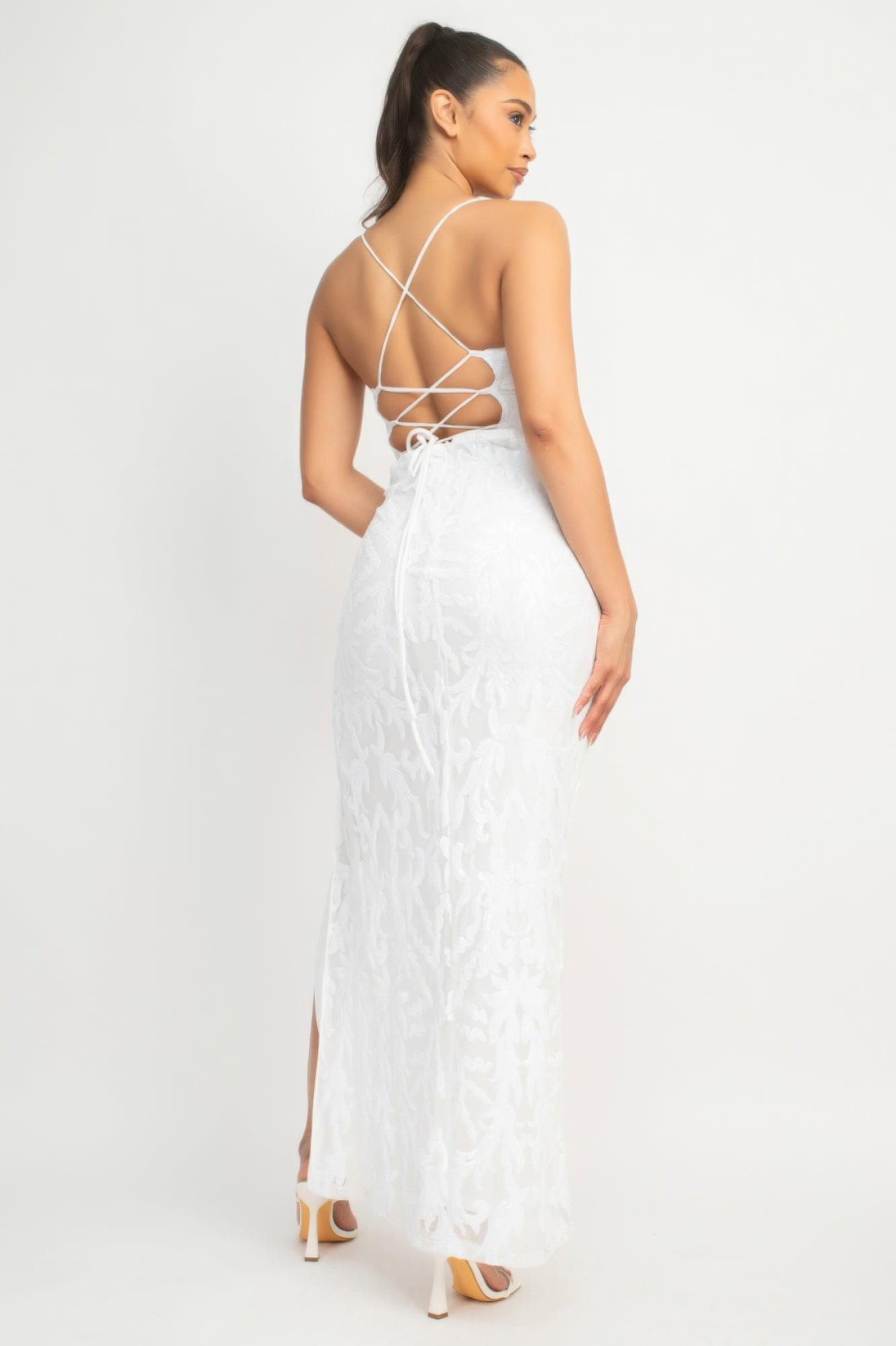 Sequin Back-crisscross Tie Slit Dress