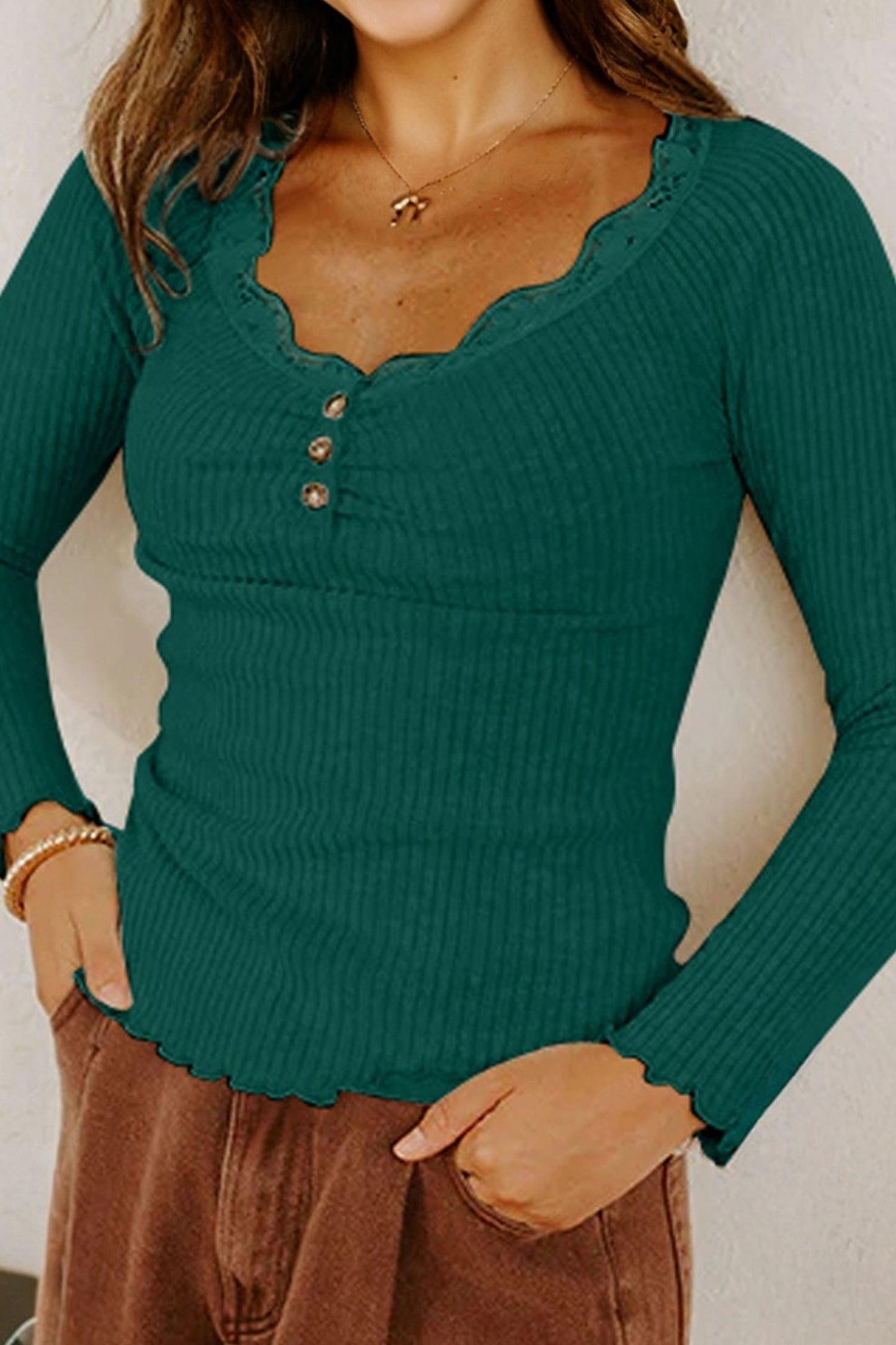 Black Lace Neckline Long Sleeve Top