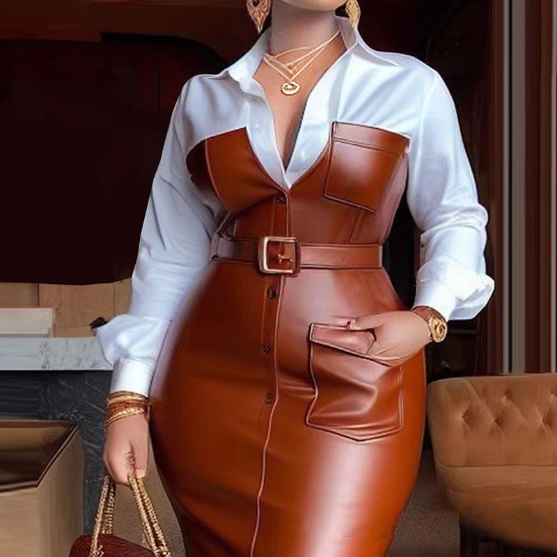 V-Neck Long Sleeve Shirt Leather Trim Dress