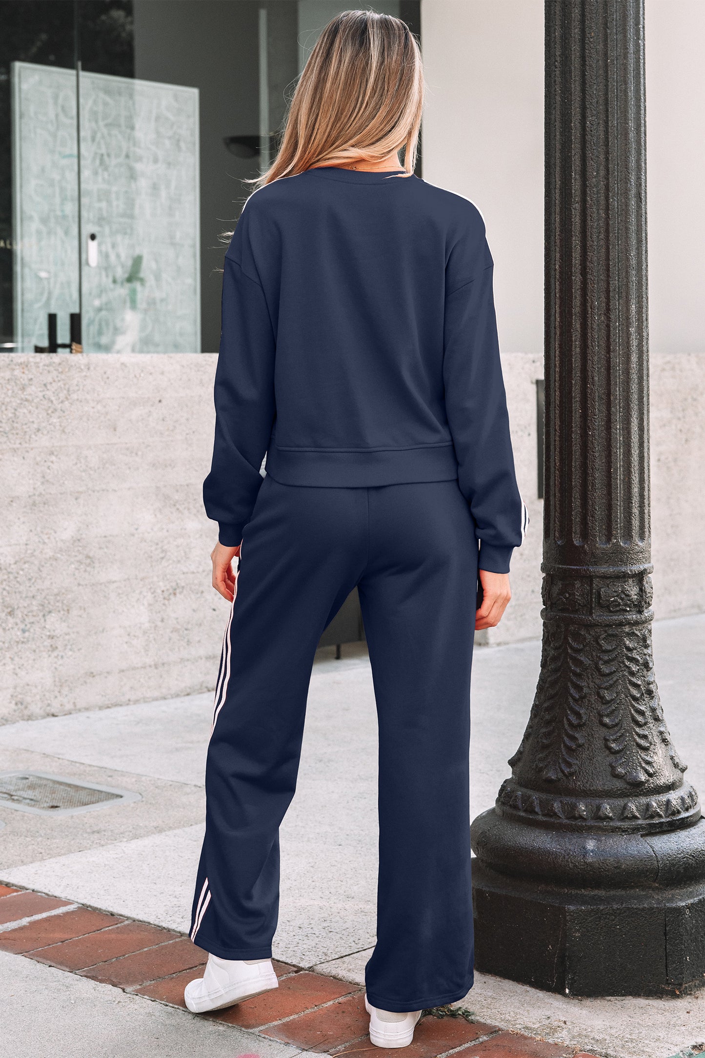 Dirty blue Varsity Striped Pullover Elastic Sweatpants 2pcs