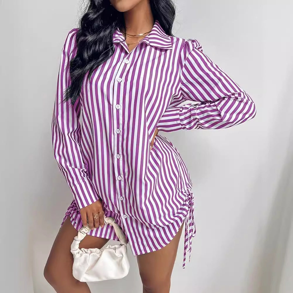 Color Contrast Striped Long Sleeve Lapel Shirt Dress