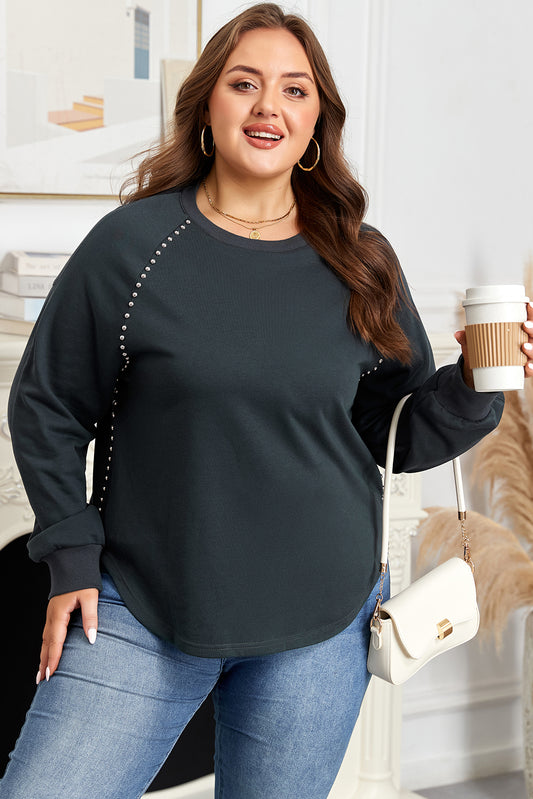 Black Studded Decor Ribbed Edge Mineral Wash Jumper