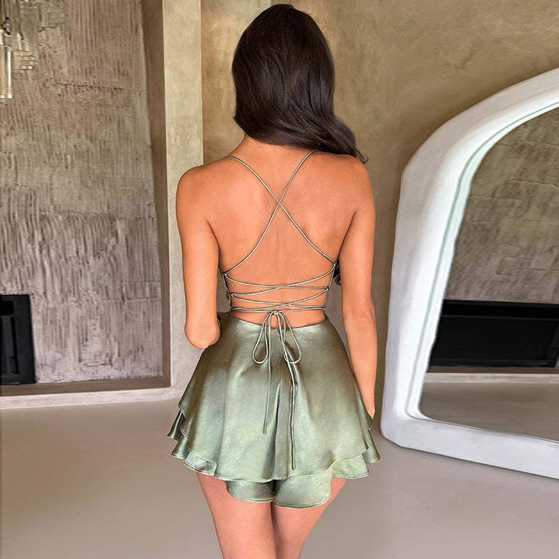 Halter Satin Backless Straps a Swing Dress 