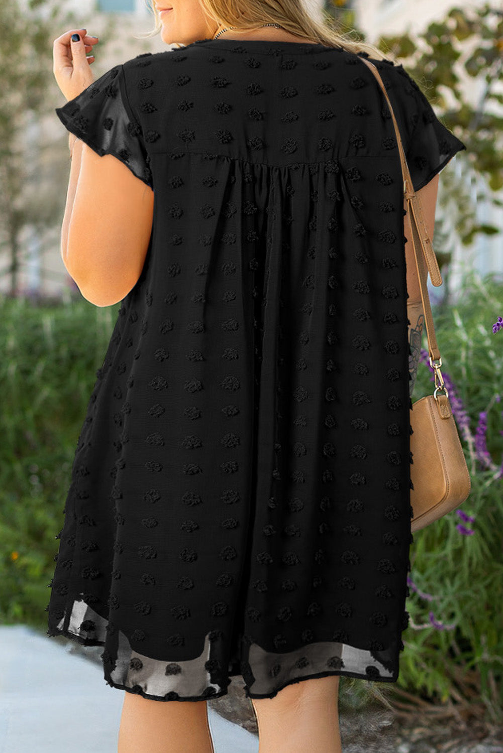 Navy Blue Dotty Textured Notched Neck Plus Ruffled Dress