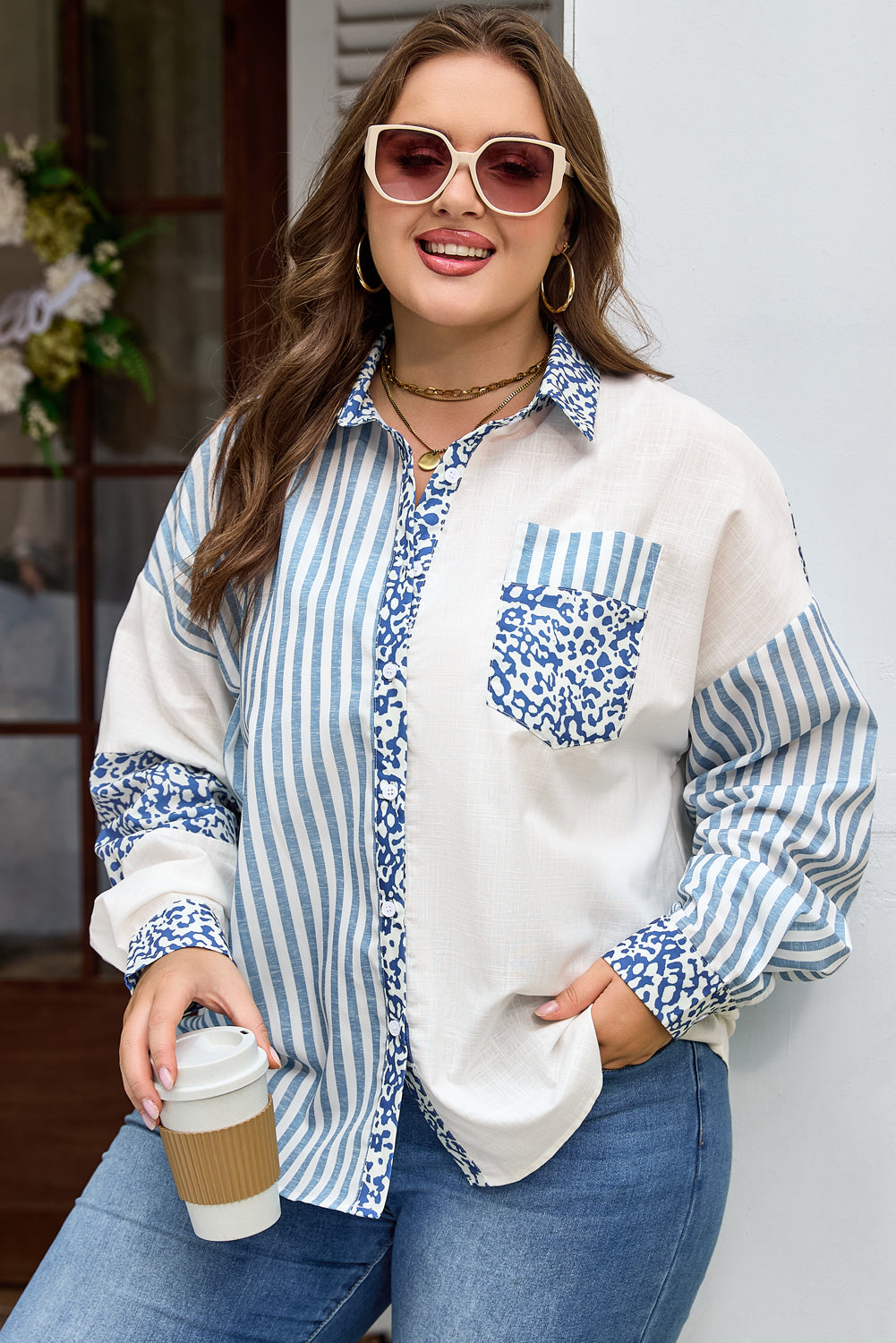 Sky Blue Leopard Striped Patchwork Casual Shirt
