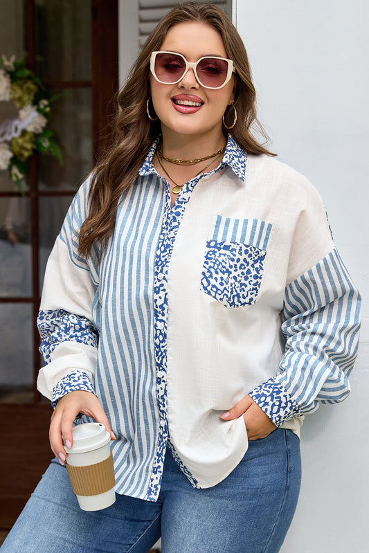 Sky Blue Leopard Striped Patchwork Casual Shirt