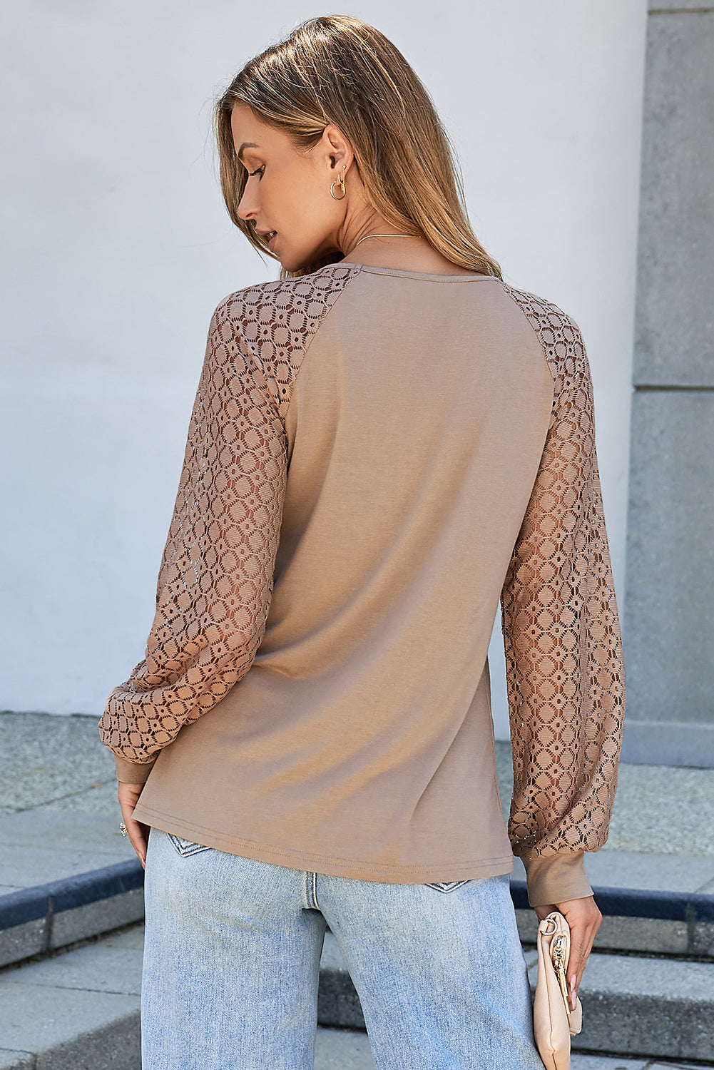 Black Lace Long Raglan Sleeve Pleated Top