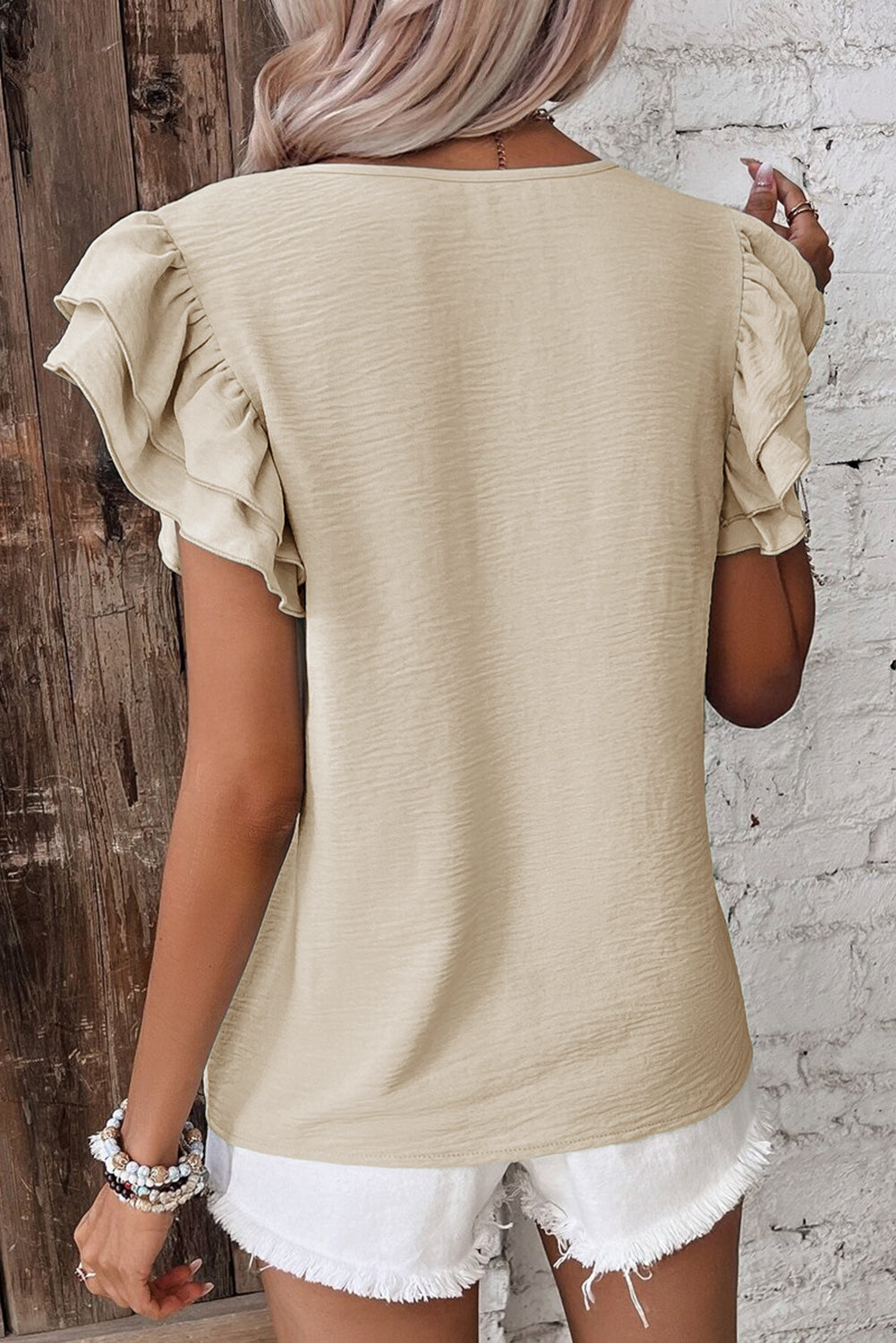Clearly Aqua Solid Color Ruffled Short Sleeve Casual Blouse