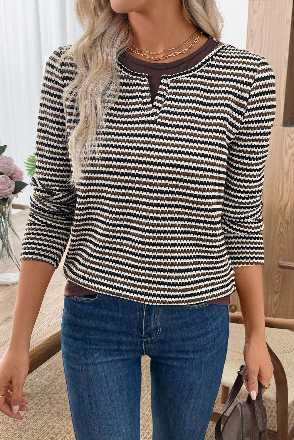 Brown Two Piece Striped Long Sleeve Shirt