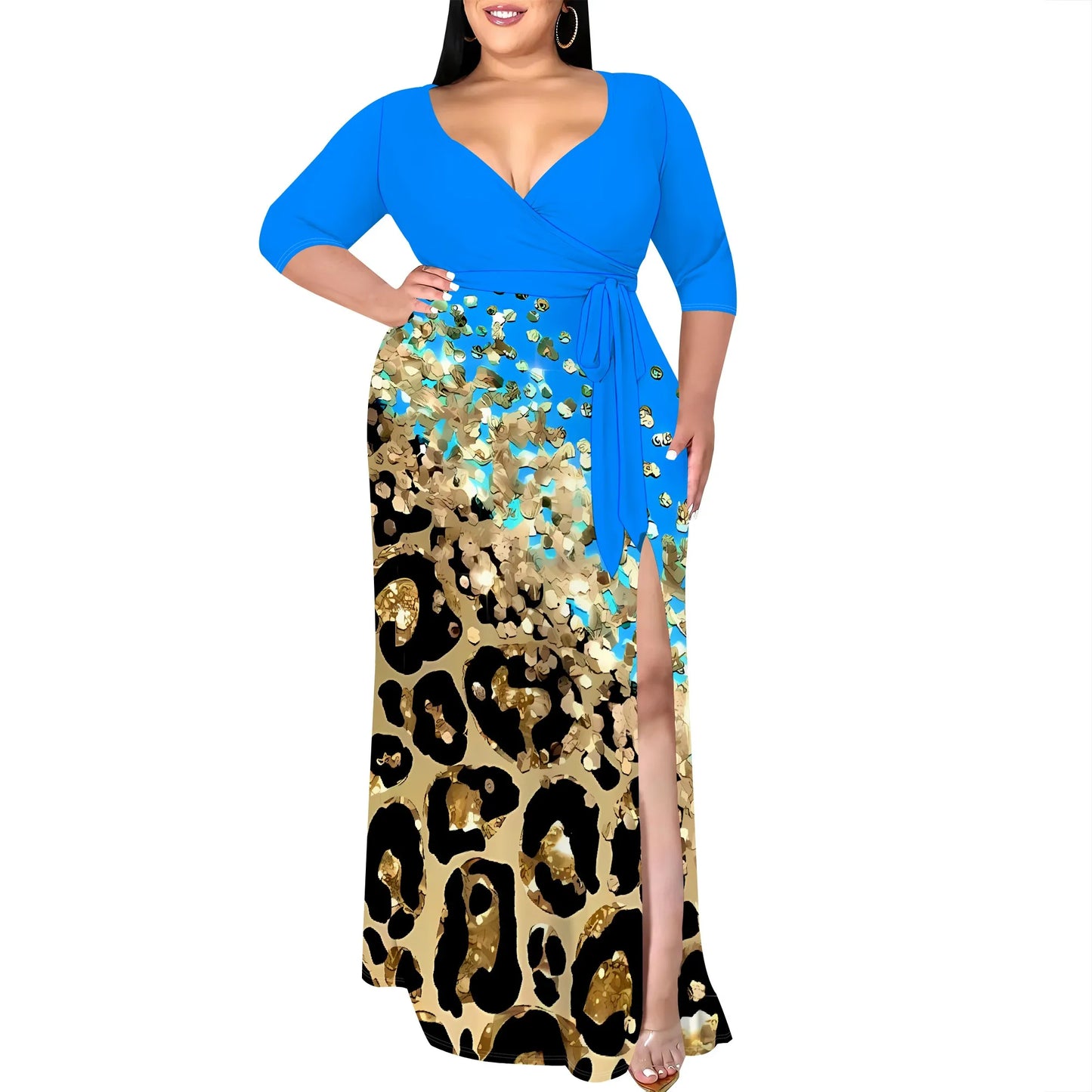 V-Neck Wrap Maxi Dress with Gold Leopard Print