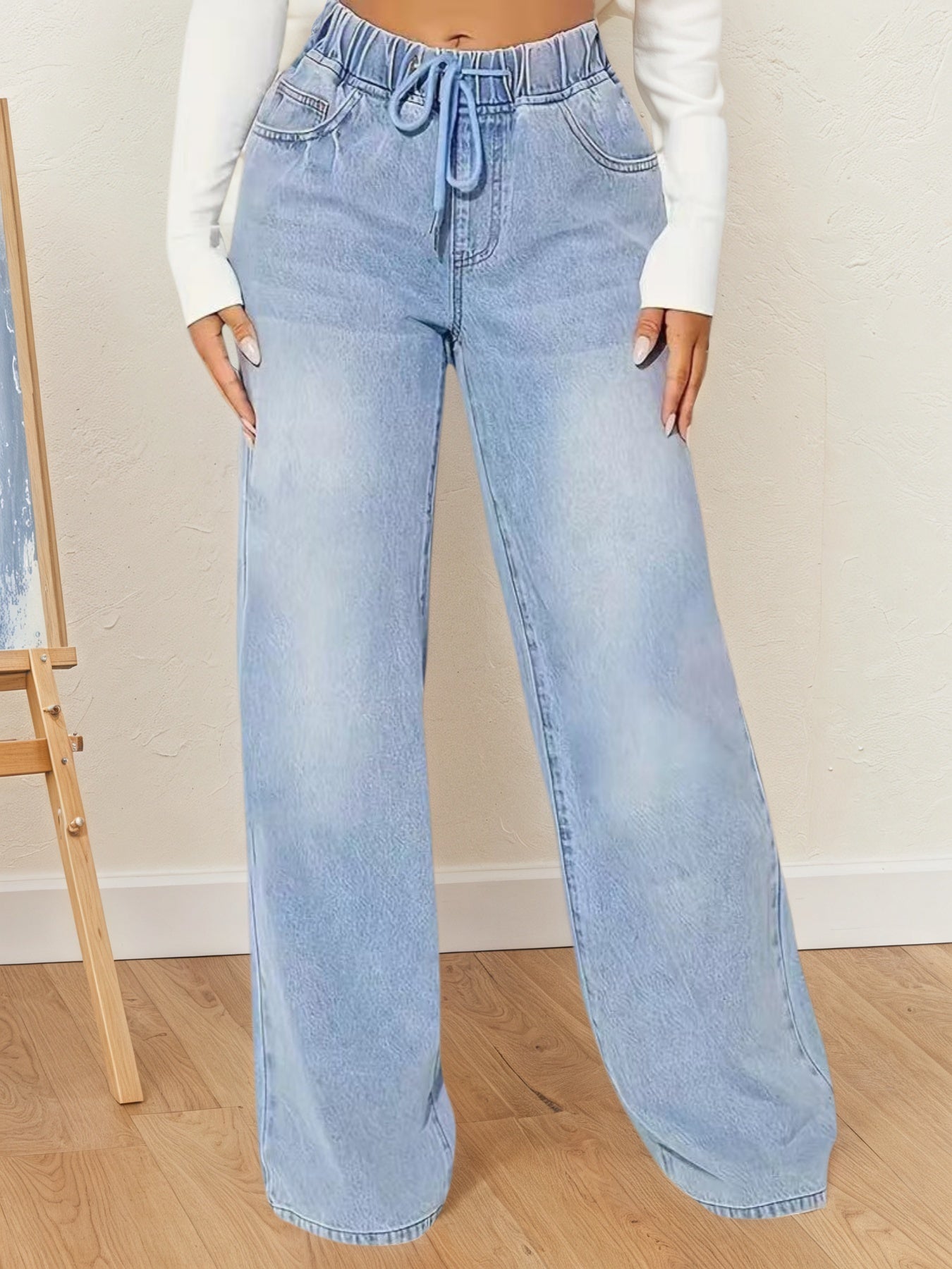 Drawstring Design  High-waisted Denim Pants, Loose Version Of Mopping Pant