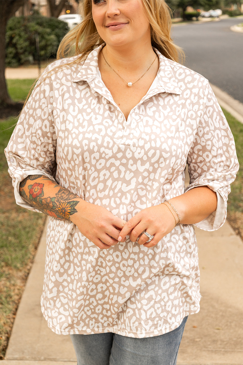 Apricot Leopard Tab Sleeve V Neck Top