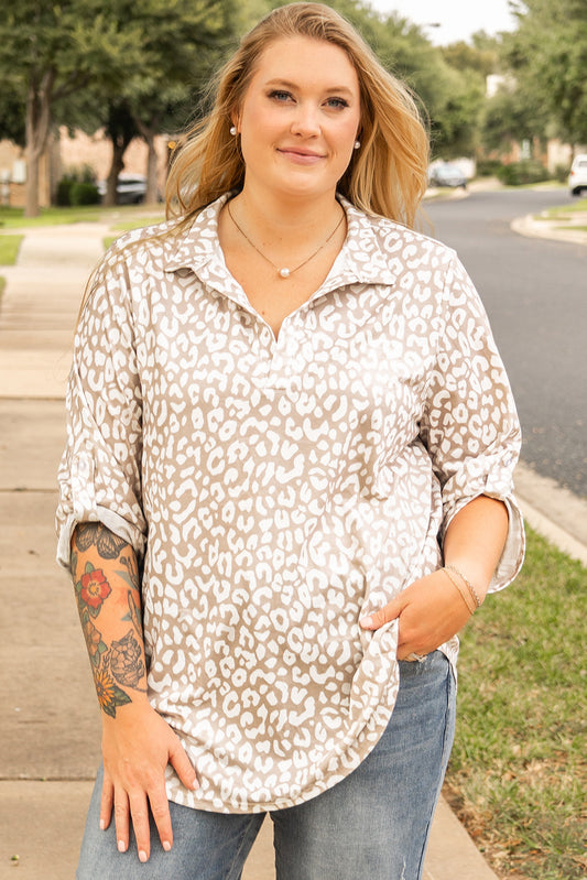 Apricot Leopard Tab Sleeve V Neck Top