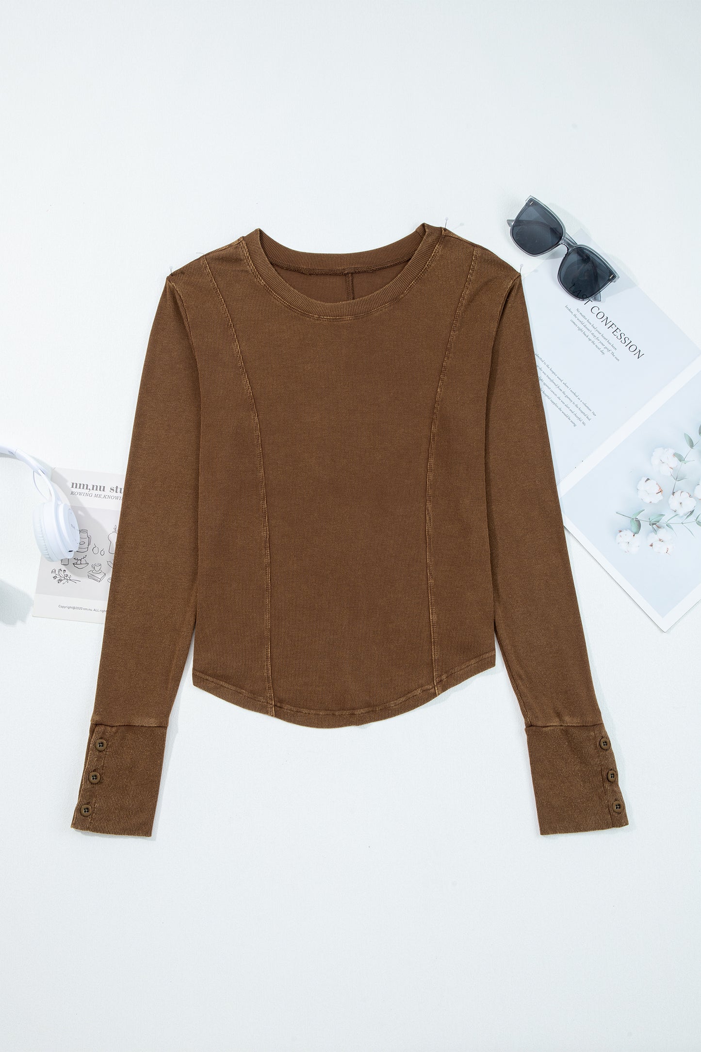 Burgundy Exposed Seam Ribbed Long Sleeve Top