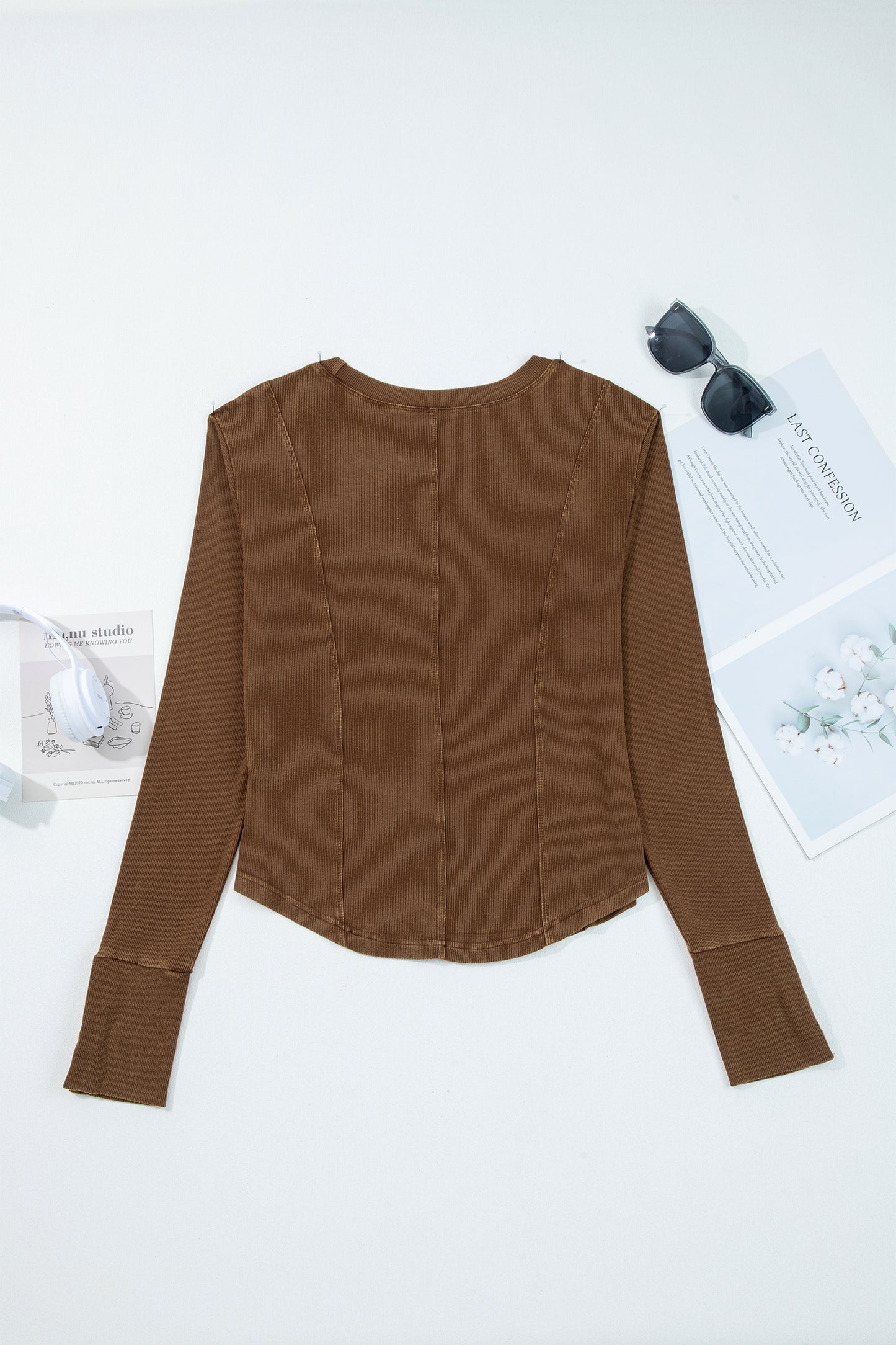 Burgundy Exposed Seam Ribbed Long Sleeve Top