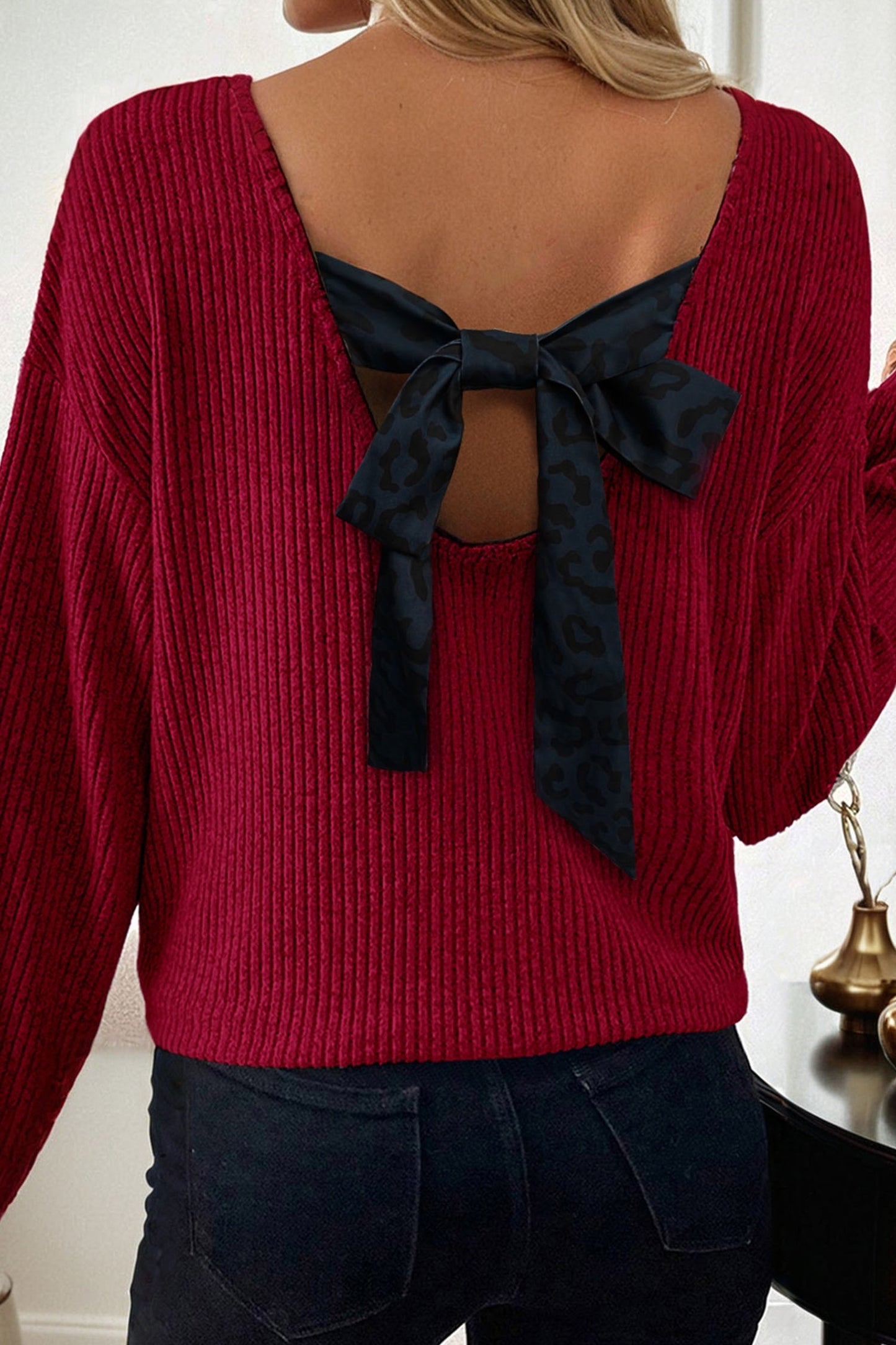 Ribbed V Neck Ribbon Bow Back Drop Shoulder Long Sleeve Top