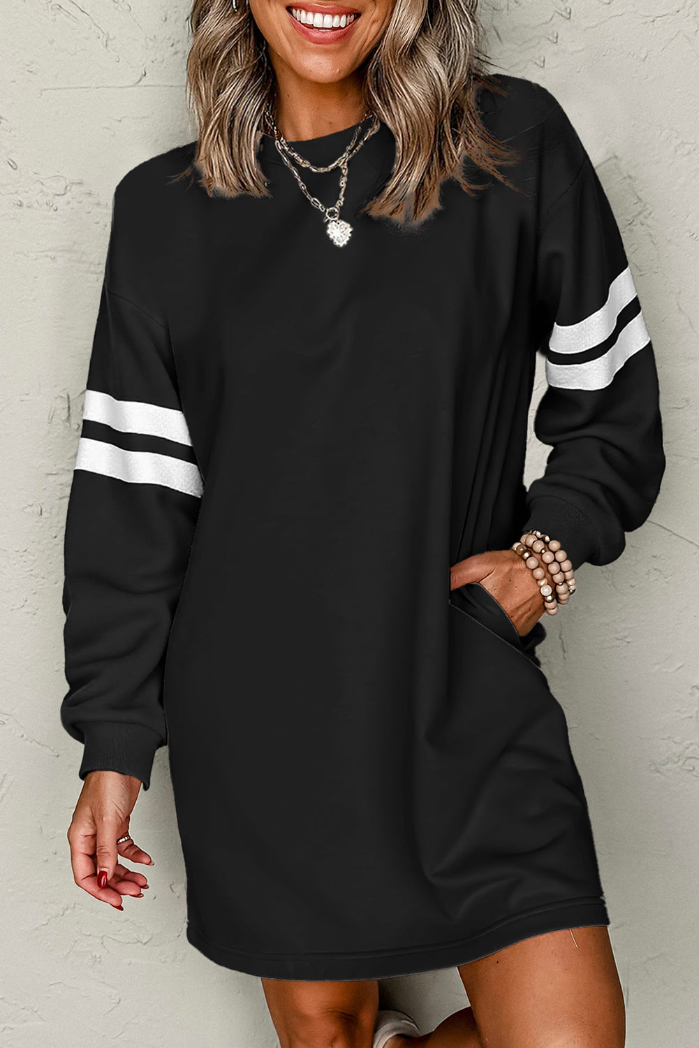 Tillandsia Purple Varsity Contrast Banded Sleeve Shift Sweatshirt Dress