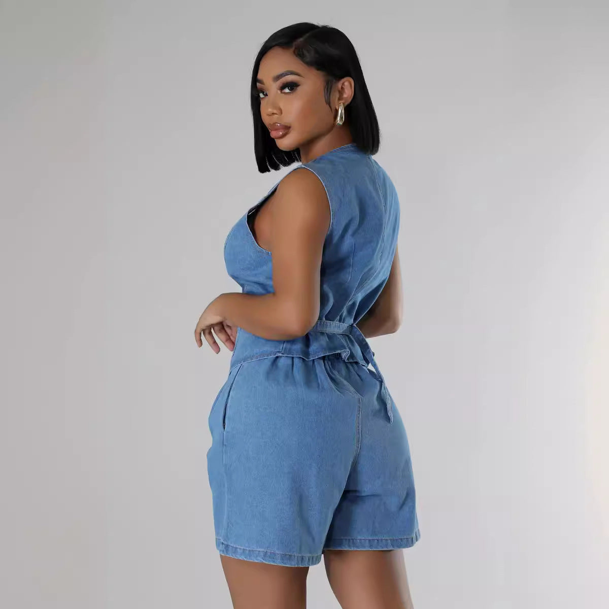 High-Waist Denim Shorts Suit