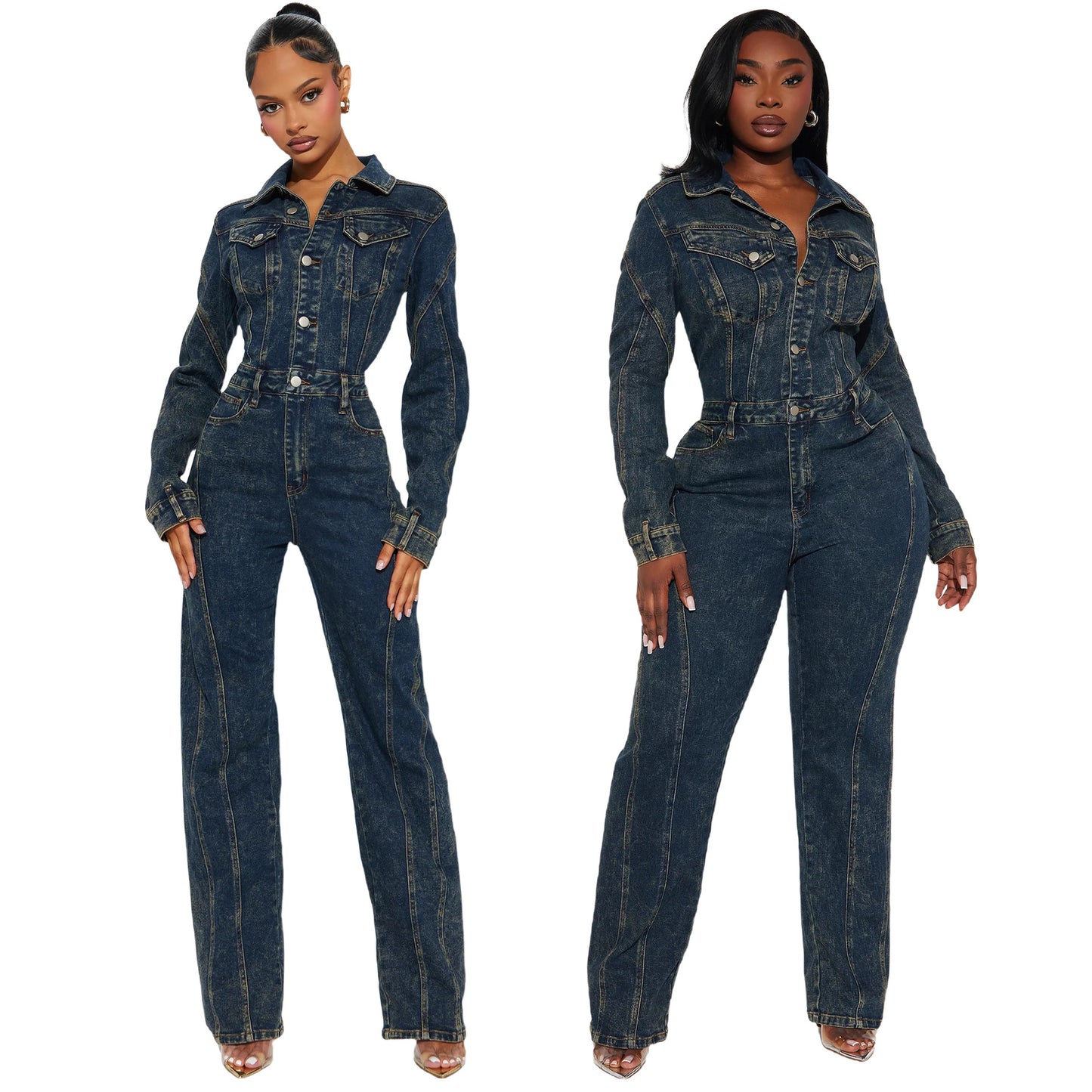Long-sleeve Patchwork Denim Jumpsuit