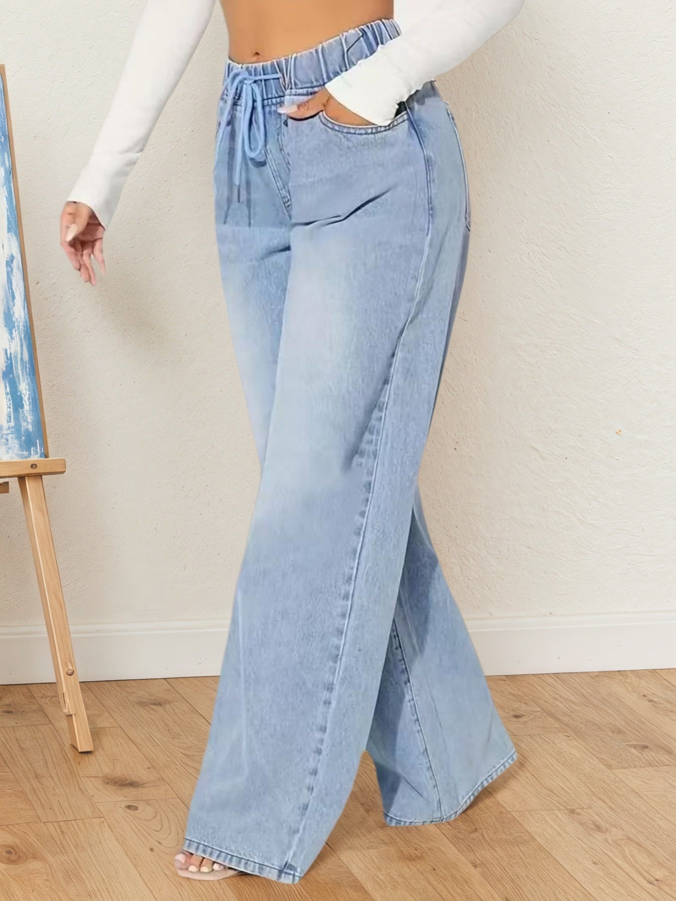 Drawstring Design  High-waisted Denim Pants, Loose Version Of Mopping Pant