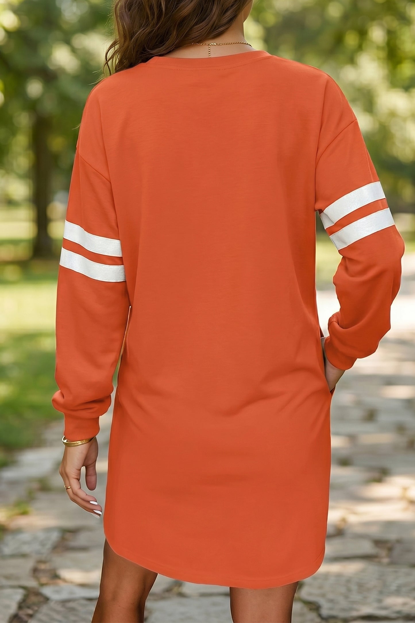 Tillandsia Purple Varsity Contrast Banded Sleeve Shift Sweatshirt Dress