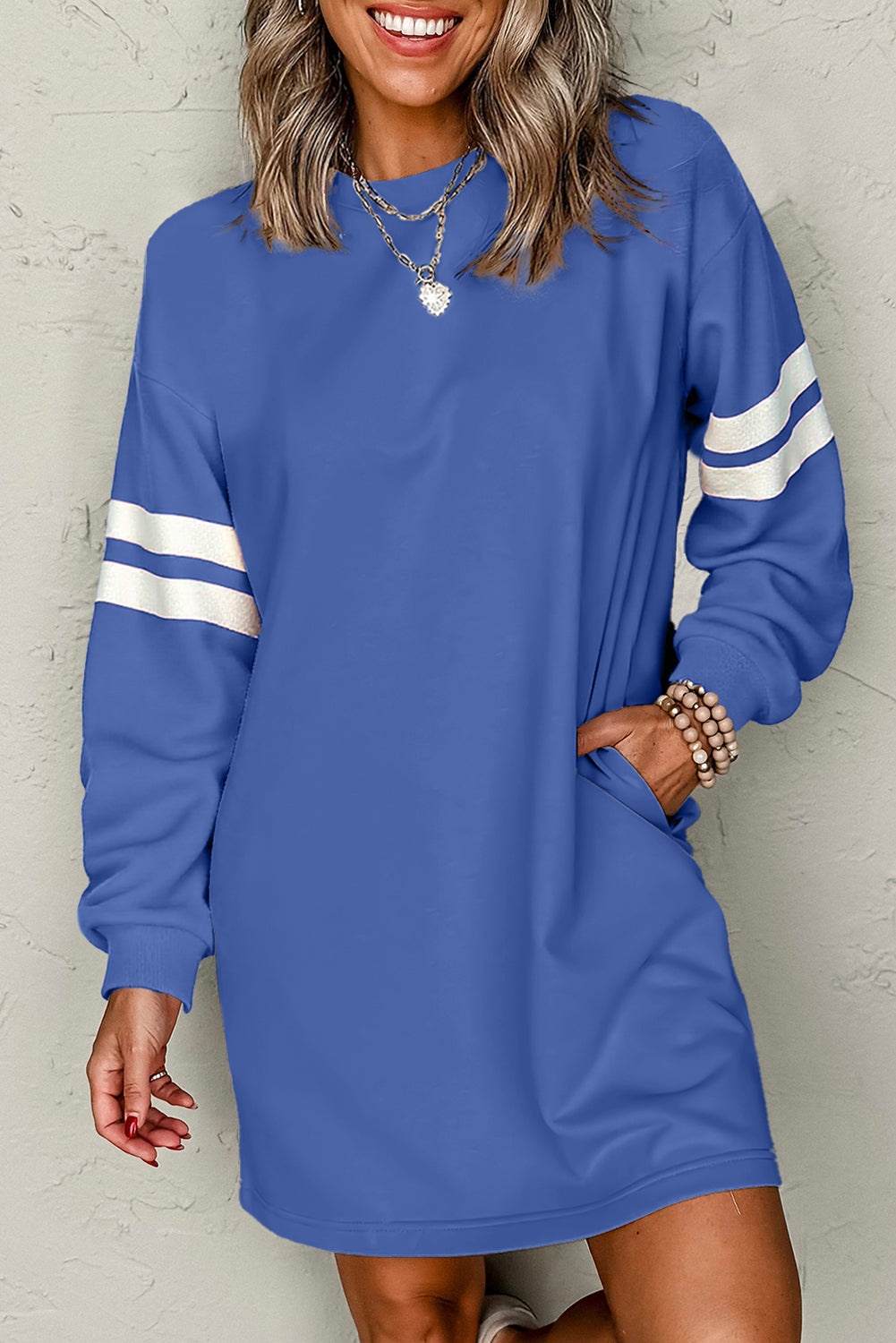 Tillandsia Purple Varsity Contrast Banded Sleeve Shift Sweatshirt Dress