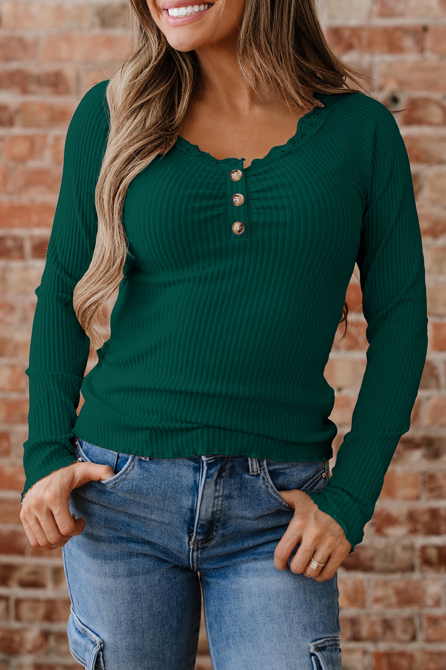 Black Lace Neckline Long Sleeve Top
