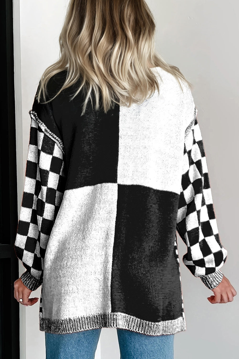 Orange Plus Size Checkered Bubble Sleeve Drop Shoulder Open Cardigan
