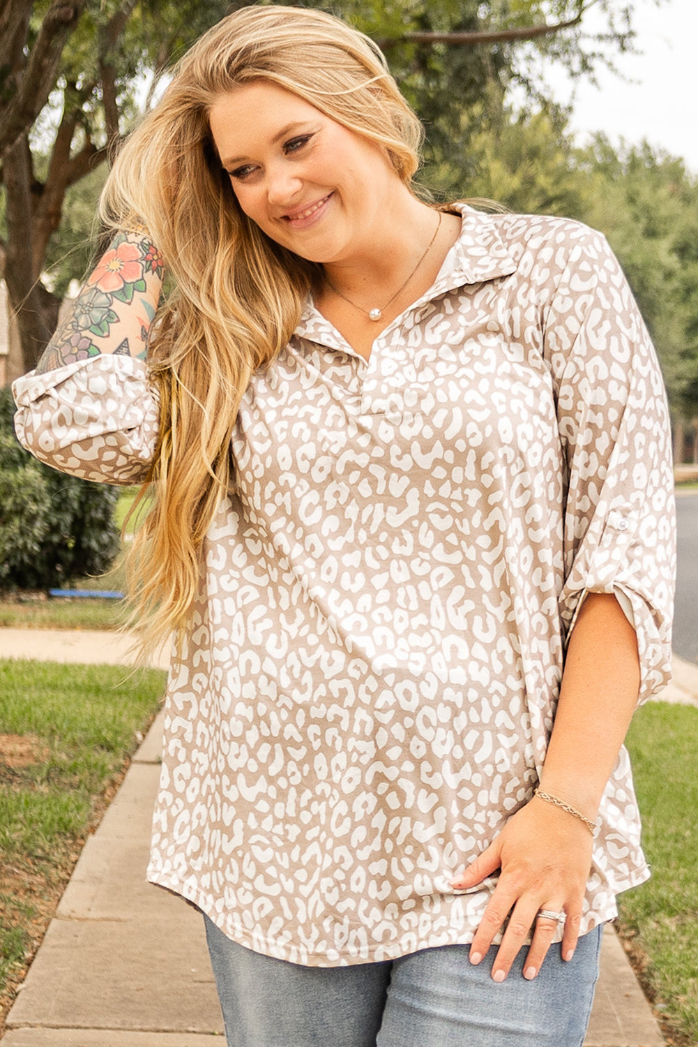 Apricot Leopard Tab Sleeve V Neck Top
