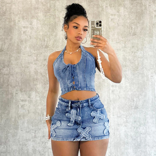 Cross Wash Denim Skirt Suit