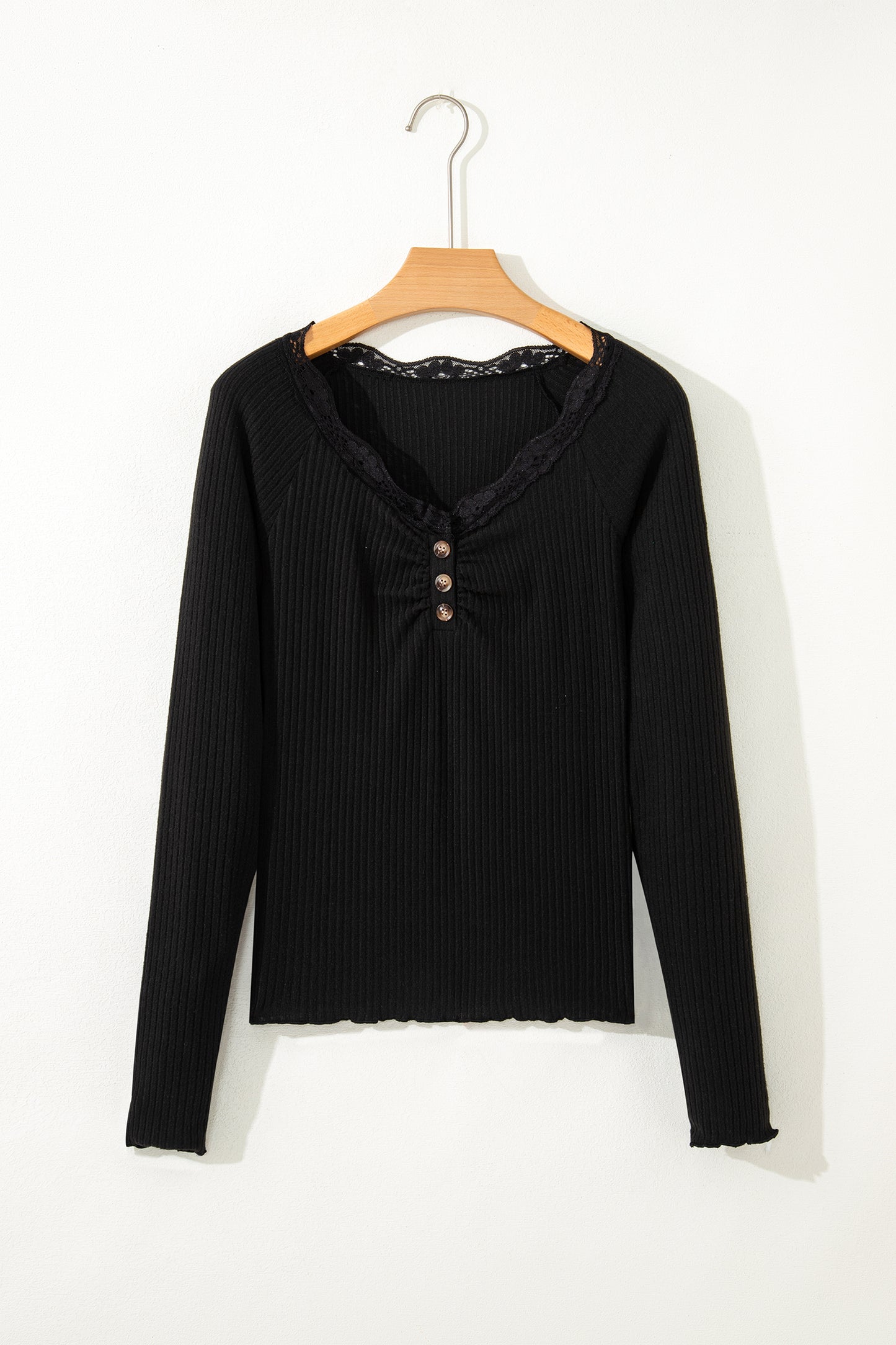Black Lace Neckline Long Sleeve Top