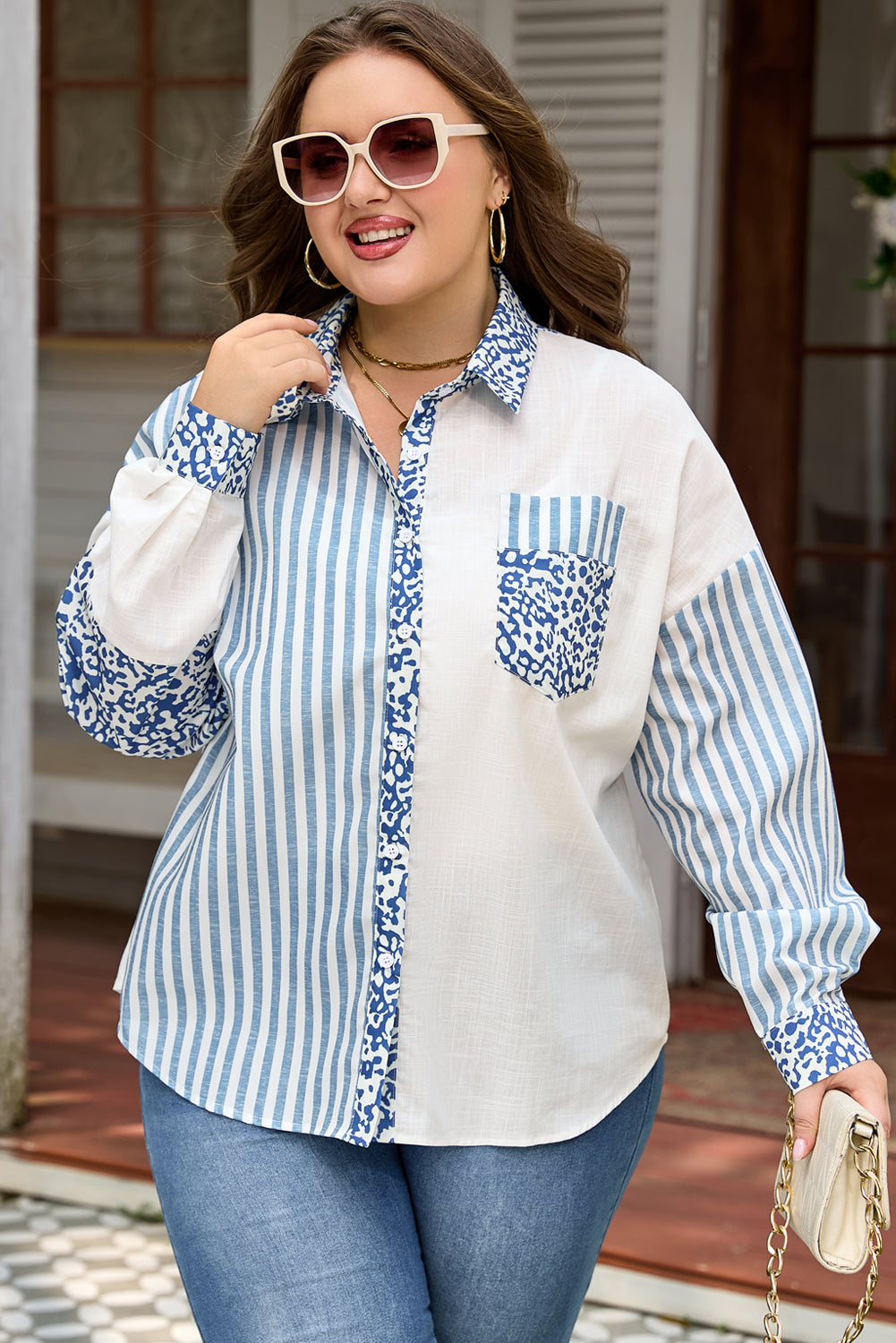 Sky Blue Leopard Striped Patchwork Casual Shirt