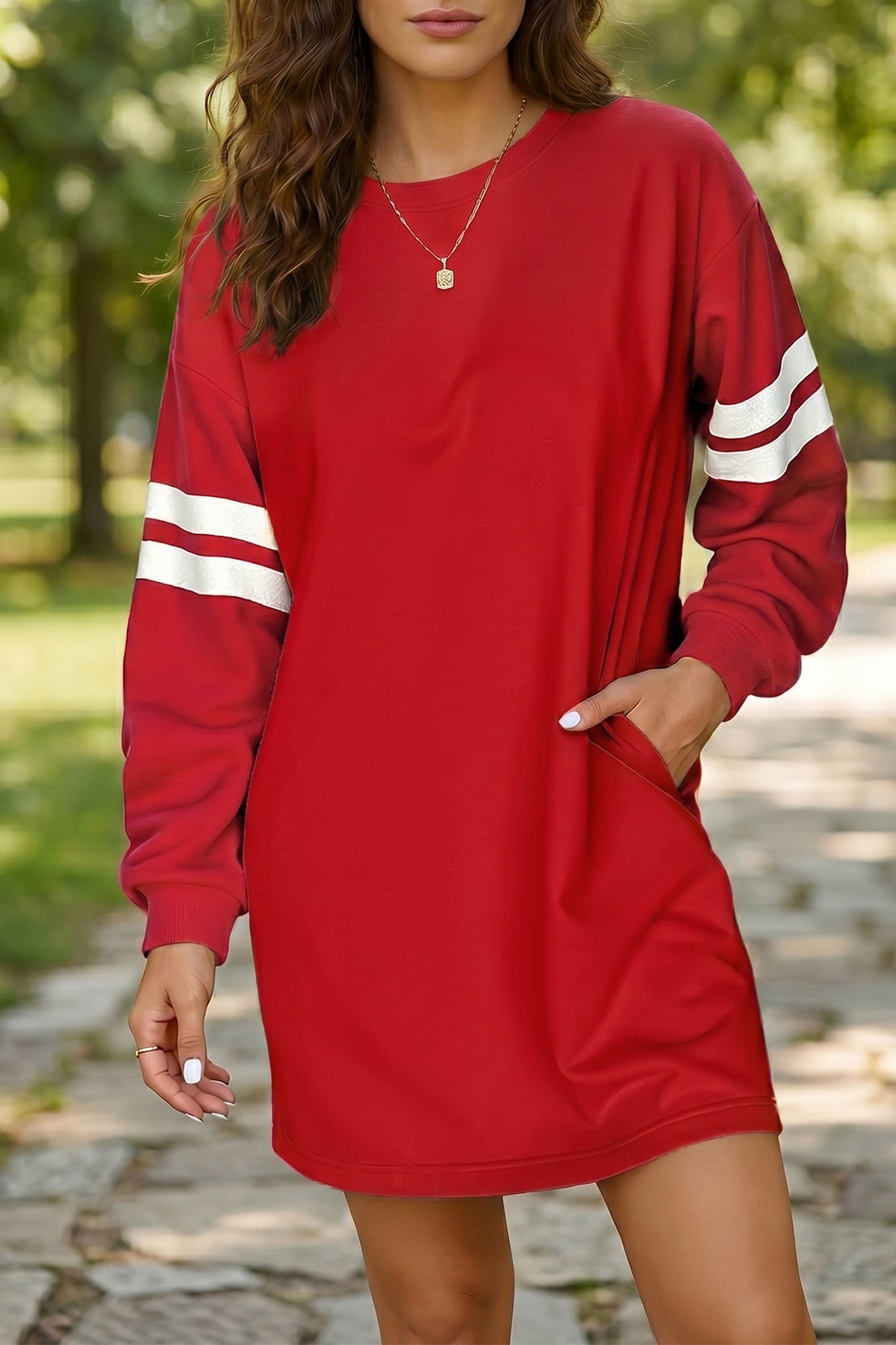 Tillandsia Purple Varsity Contrast Banded Sleeve Shift Sweatshirt Dress